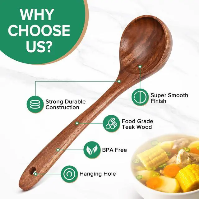 Alt view image 3 of 7 - Wooden Soup Ladle Spoons for Cooking Serving, Teak Wood, 10.6"
