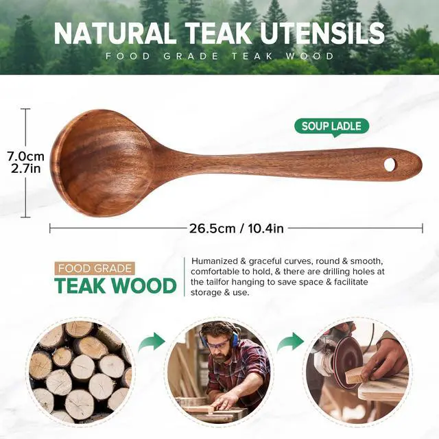 Alt view image 2 of 7 - Wooden Soup Ladle Spoons for Cooking Serving, Teak Wood, 10.6"