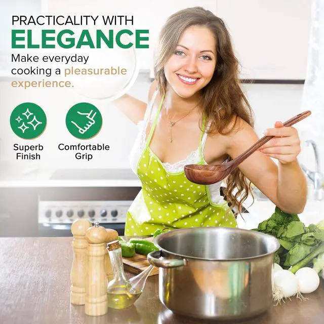 Alt view image 7 of 7 - Wooden Soup Ladle Spoons for Cooking Serving, Teak Wood, 10.6"