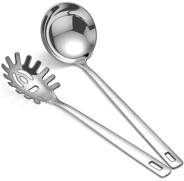 Main image of Kitchen Ladle Spoon and Spaghetti Spoon Set 2 pieces, Pasta Spoon Stainless Steel Kitchen Utensils for Cooking, Stirring, Serving Spaghetti, Soup, Sauce, Dishwasher Safe