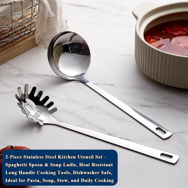 Alt view image 3 of 7 - Kitchen Ladle Spoon and Spaghetti Spoon Set 2 pieces, Pasta Spoon Stainless Steel Kitchen Utensils for Cooking, Stirring, Serving Spaghetti, Soup, Sauce, Dishwasher Safe