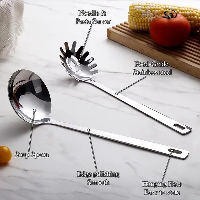 Alt view image 6 of 7 - Kitchen Ladle Spoon and Spaghetti Spoon Set 2 pieces, Pasta Spoon Stainless Steel Kitchen Utensils for Cooking, Stirring, Serving Spaghetti, Soup, Sauce, Dishwasher Safe