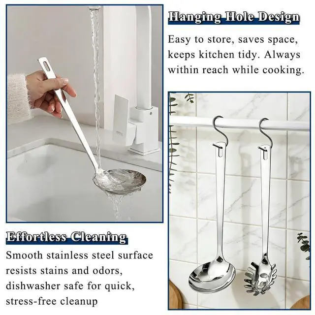 Alt view image 7 of 7 - Kitchen Ladle Spoon and Spaghetti Spoon Set 2 pieces, Pasta Spoon Stainless Steel Kitchen Utensils for Cooking, Stirring, Serving Spaghetti, Soup, Sauce, Dishwasher Safe