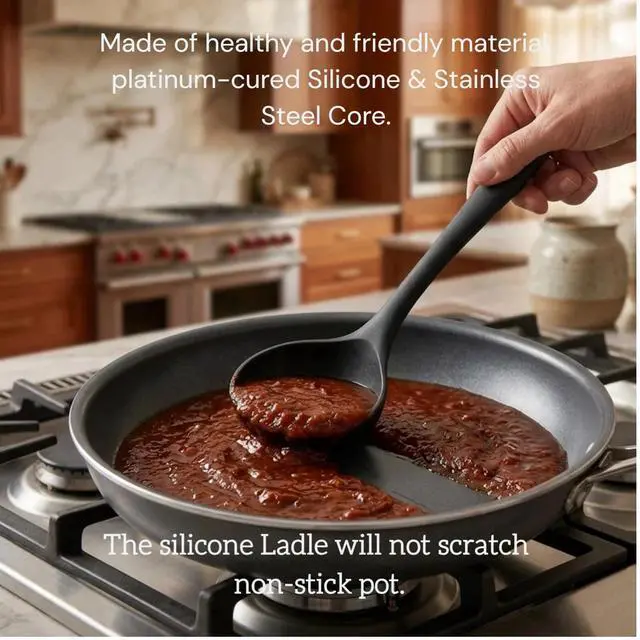 Alt view image 4 of 6 - 12" Silicone Ladle Spoon Set of 2, Long handle soup spoons Seamless & Nonstick, Heat resistant 600 °F Kitchen Soup Ladles for Cooking.