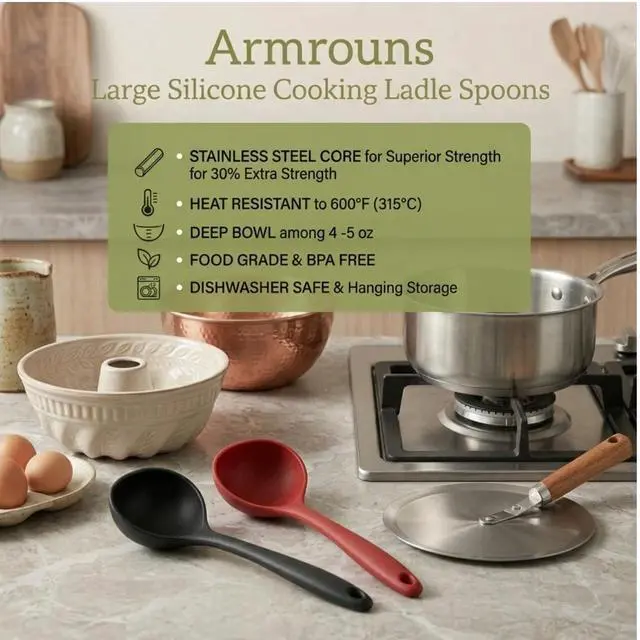 Alt view image 5 of 6 - 12" Silicone Ladle Spoon Set of 2, Long handle soup spoons Seamless & Nonstick, Heat resistant 600 °F Kitchen Soup Ladles for Cooking.