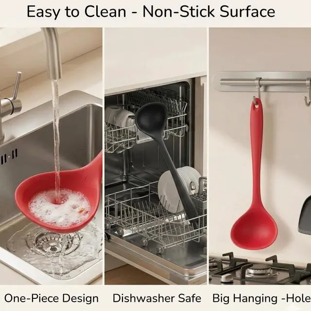 Alt view image 6 of 6 - 12" Silicone Ladle Spoon Set of 2, Long handle soup spoons Seamless & Nonstick, Heat resistant 600 °F Kitchen Soup Ladles for Cooking.
