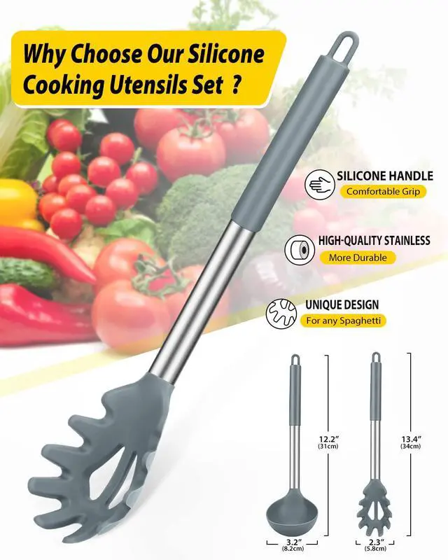 Alt view image 2 of 7 - Silicone Pasta Fork and Ladle Spoon Set, 2 Pack, Gray