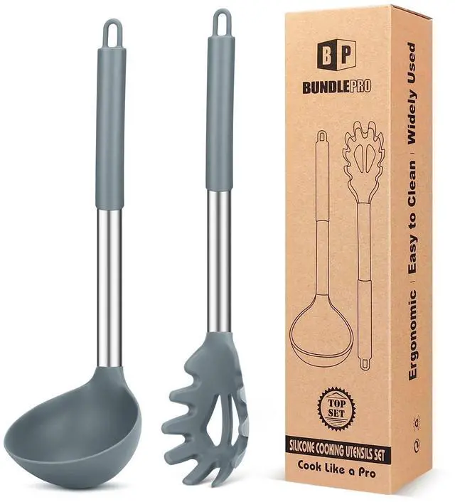 Main image of Silicone Pasta Fork and Ladle Spoon Set, 2 Pack, Gray