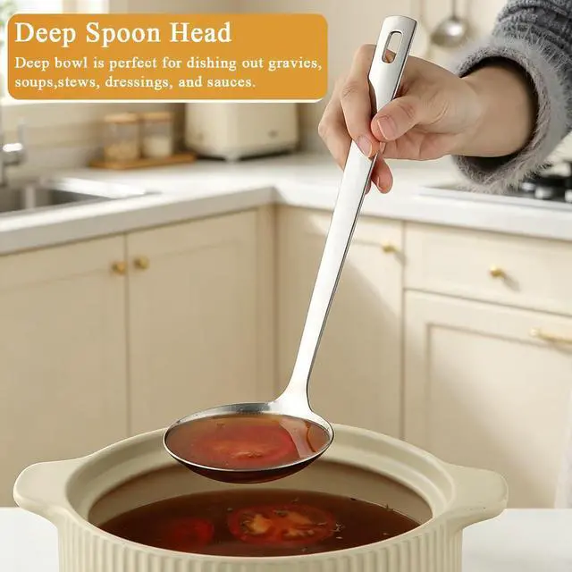Alt view image 4 of 7 - 2 Piece Soup Ladle Set, 11.8" Large & 9.6" Small Stainless Steel Ladles, One-Piece Ergonomic Cooking Spoons, Dishwasher Safe Heavy Duty Serving Utensils for Home Kitchen Soup Sauce Noodle
