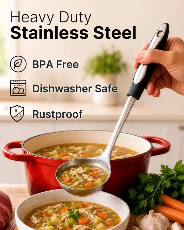 Alt view image 6 of 7 - Premium Soup Ladle - 12" Stainless Steel with Non-Slip Silicone Handle