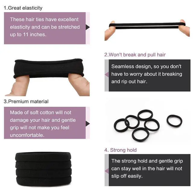 Alt view image 3 of 7 - 100PCS Black Hair Ties for Women, Seamless Cotton Hair Bands No Crease