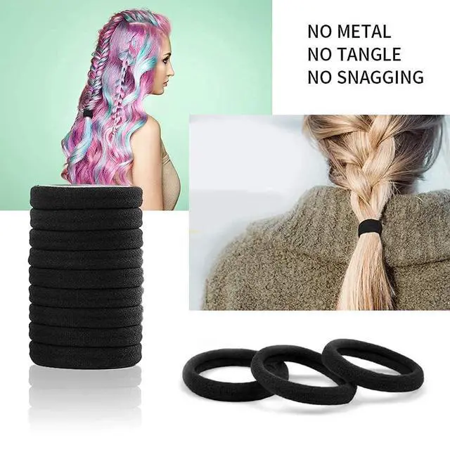 Alt view image 6 of 7 - 100PCS Black Hair Ties for Women, Seamless Cotton Hair Bands No Crease