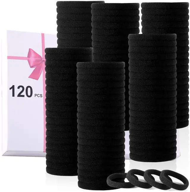 Main image of 120PCS Black Hair Ties for Thick Hair Seamless No Damage Elastic Ponytail Holders, Black Hair Band,Bulk Nylon Hair Elastics for Women