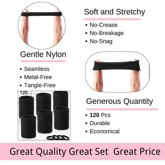Alt view image 3 of 7 - 120PCS Black Hair Ties for Thick Hair Seamless No Damage Elastic Ponytail Holders, Black Hair Band,Bulk Nylon Hair Elastics for Women