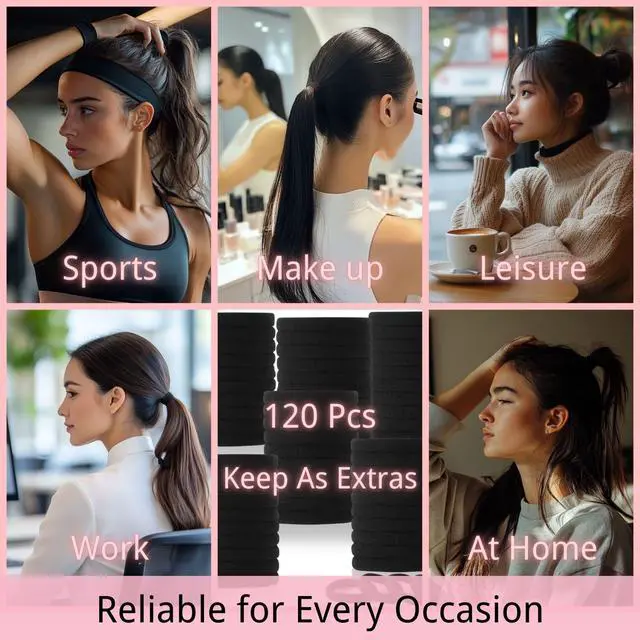 Alt view image 7 of 7 - 120PCS Black Hair Ties for Thick Hair Seamless No Damage Elastic Ponytail Holders, Black Hair Band,Bulk Nylon Hair Elastics for Women