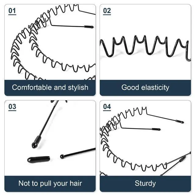 Alt view image 3 of 7 - 2Pcs Metal Head Bands for Women's Hair, Spring Wave Non Slip Mens Head Band, Unisex Black Simple Fashion Hair Bands, Outdoor Sports Hair Hoop