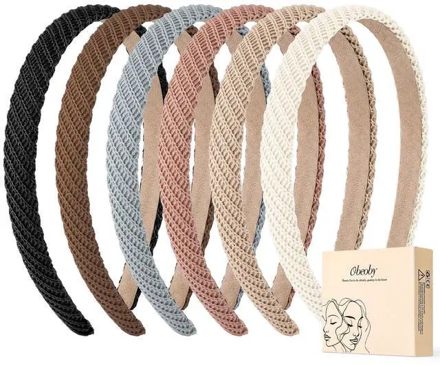 Main image of 6 Pack Trendy Headbands for Thicker Hair, Non Slip 0.6 inch Thin Knitted Hairbands Assorted Colors for Girls Summer Dress Outfit(Brown Series)