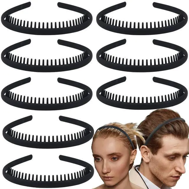 Main image of 8 PCS Non Slip Fashion Effortless Plastic Headbands with Teeth Comb Skinny Hair Accessories Bands for Women Men Teen Girls, Short Teeth Matte Black