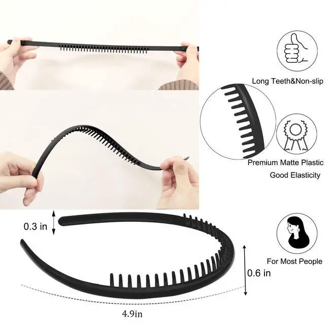 Alt view image 2 of 6 - 8 PCS Non Slip Fashion Effortless Plastic Headbands with Teeth Comb Skinny Hair Accessories Bands for Women Men Teen Girls, Short Teeth Matte Black