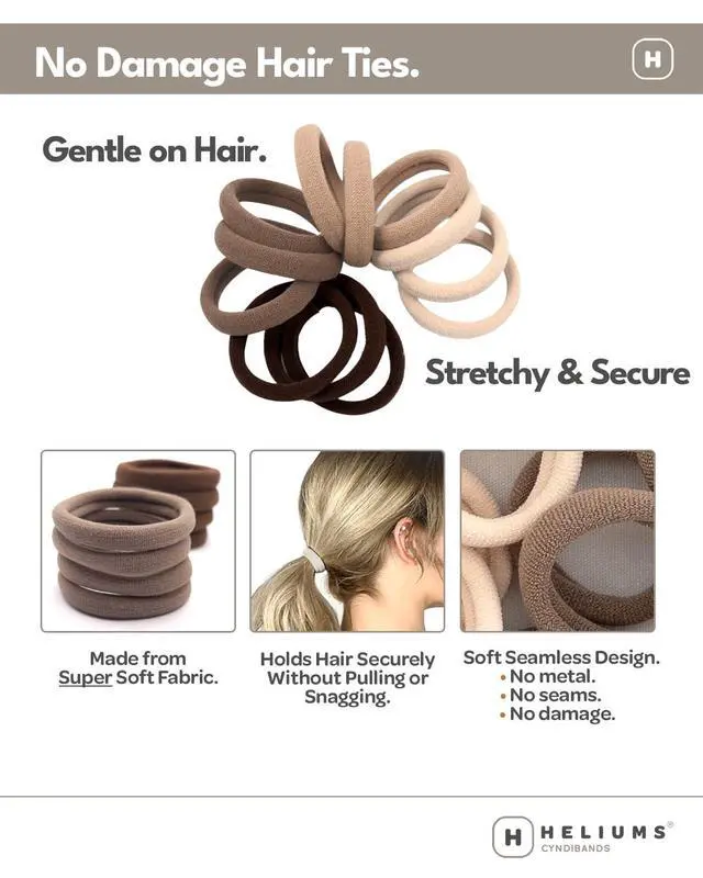 Alt view image 2 of 7 - Heliums Soft Hair Ties - No Damage Seamless Nylon Fabric Bands, Stretchy Ponytail Holders for Thin & Thick Hair - Standard 1.5 Inch, Neutrals, 20 Pack