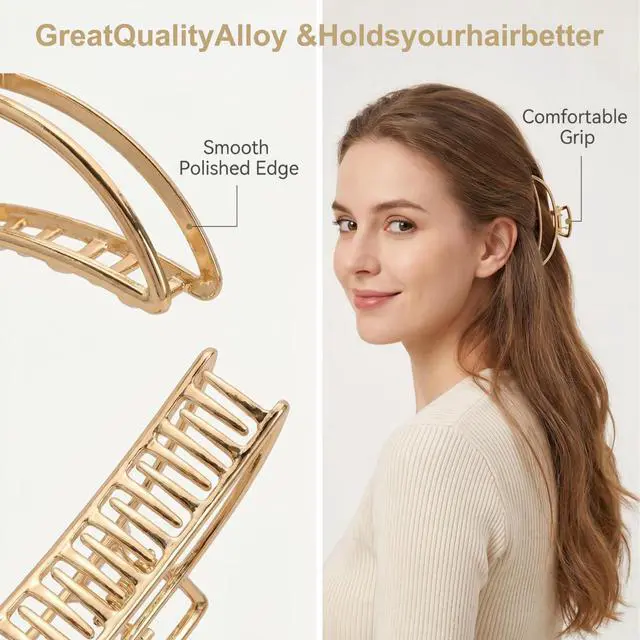 Alt view image 2 of 7 - 6 Pack Gold Metal Hair Clips - 4 Inch Large Jaw Clips for Women, Strong Hold Hair Claws for Thick or Thin Hair, Fashion Hair Accessories for Styling
