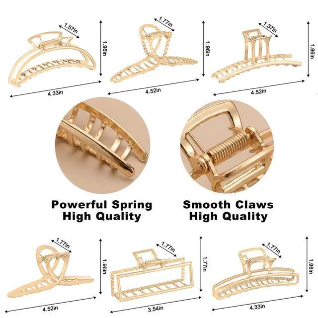 Alt view image 5 of 7 - 6 Pack Gold Metal Hair Clips - 4 Inch Large Jaw Clips for Women, Strong Hold Hair Claws for Thick or Thin Hair, Fashion Hair Accessories for Styling