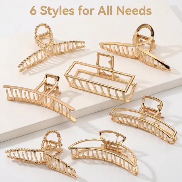 Alt view image 4 of 7 - 6 Pack Gold Metal Hair Clips - 4 Inch Large Jaw Clips for Women, Strong Hold Hair Claws for Thick or Thin Hair, Fashion Hair Accessories for Styling