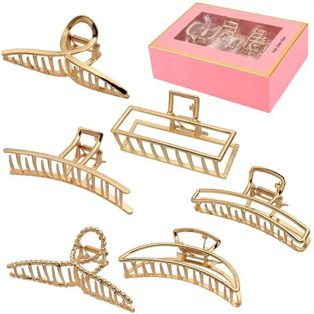 Main image of 6 Pack Gold Metal Hair Clips - 4 Inch Large Jaw Clips for Women, Strong Hold Hair Claws for Thick or Thin Hair, Fashion Hair Accessories for Styling