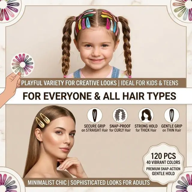Alt view image 5 of 7 - 120 Pack Colorful Metal Snap Hair Clips, 2 Inch Hair Barrettes for Styling