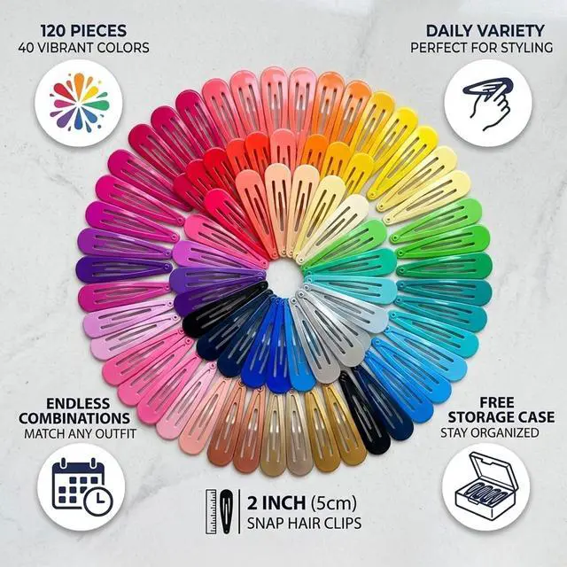 Alt view image 3 of 7 - 120 Pack Colorful Metal Snap Hair Clips, 2 Inch Hair Barrettes for Styling