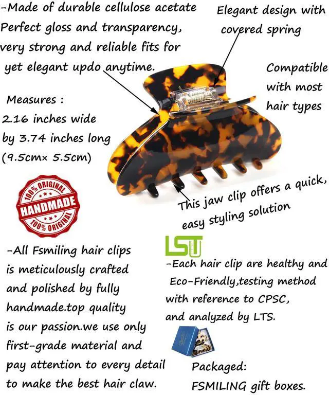 Alt view image 3 of 7 - 2 Pack Big Hair Claw Clips Tortoise Shell Nonslip Large Claw Clip For Women Celluloid Leopard Print Jaw Clips For Thick Hair