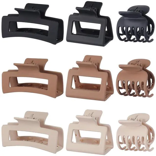 Main image of Medium Claw Hair Clips Set for Women - 3 Styles, 9 pcs Rectangle Clips for Thick Hair, Square Clips for Thin Hair - Brown