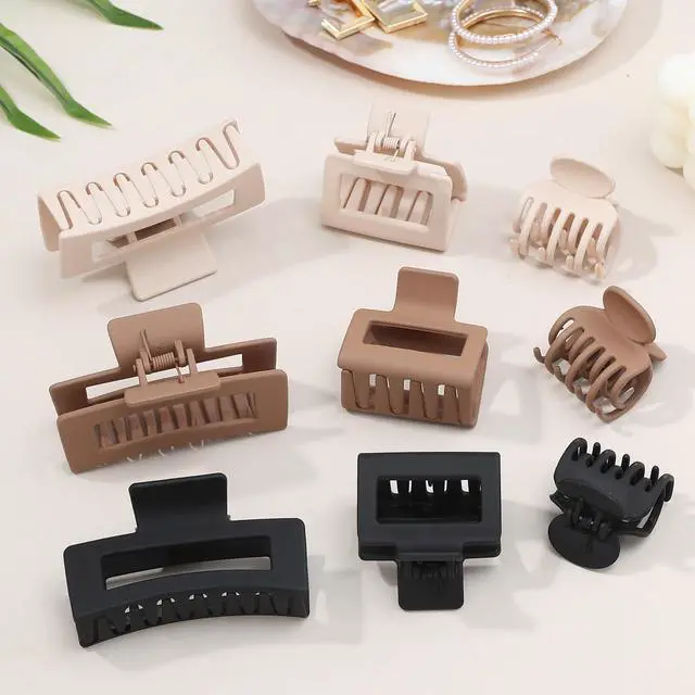Alt view image 2 of 7 - Medium Claw Hair Clips Set for Women - 3 Styles, 9 pcs Rectangle Clips for Thick Hair, Square Clips for Thin Hair - Brown