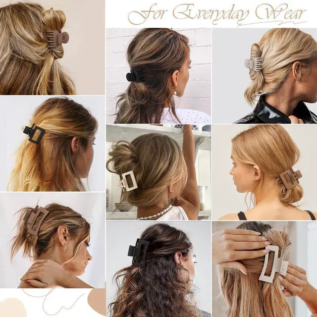 Alt view image 6 of 7 - Medium Claw Hair Clips Set for Women - 3 Styles, 9 pcs Rectangle Clips for Thick Hair, Square Clips for Thin Hair - Brown
