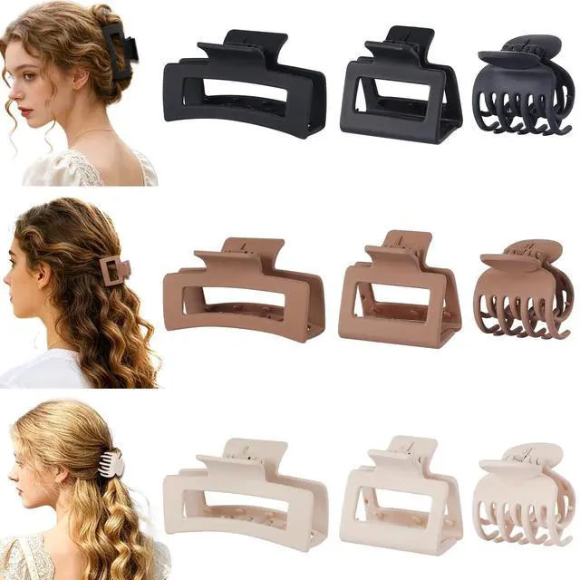 Alt view image 7 of 7 - Medium Claw Hair Clips Set for Women - 3 Styles, 9 pcs Rectangle Clips for Thick Hair, Square Clips for Thin Hair - Brown