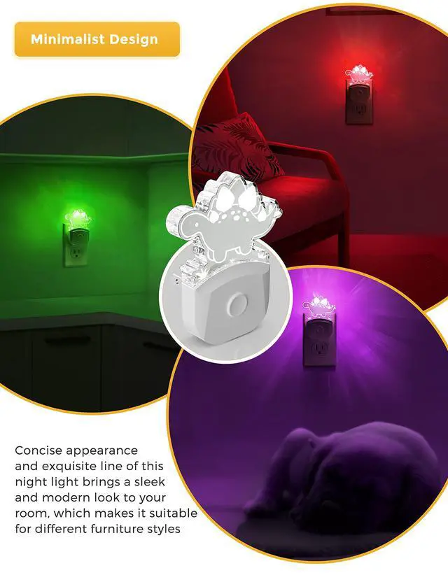 Alt view image 2 of 7 - Dinosaur Night Light for Kids, Nightlight Plug in, Dusk-to-Dawn | Stegosaurus LED Night Lights Plug into Wall, RGB+Soft White 3000K, 3 Lighting Modes, Ideal for Nursery, Room Decor, 1 Pack