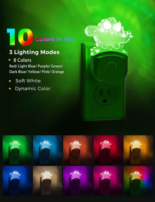 Alt view image 5 of 7 - Dinosaur Night Light for Kids, Nightlight Plug in, Dusk-to-Dawn | Stegosaurus LED Night Lights Plug into Wall, RGB+Soft White 3000K, 3 Lighting Modes, Ideal for Nursery, Room Decor, 1 Pack