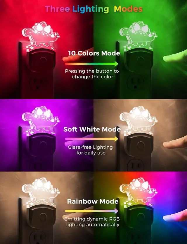 Alt view image 6 of 7 - Dinosaur Night Light for Kids, Nightlight Plug in, Dusk-to-Dawn | Stegosaurus LED Night Lights Plug into Wall, RGB+Soft White 3000K, 3 Lighting Modes, Ideal for Nursery, Room Decor, 1 Pack