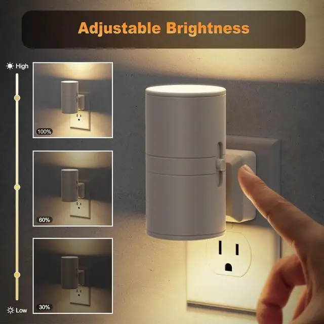Alt view image 2 of 6 - Night Lights Plug into Wall, Dimmable Gray Night Lights, Warm | Dusk to Dawn Light Sensor, Soft White 3000K, 0-100LM Adjustable Brightness Nightlight for Hallway Bathroom, 2 Pack
