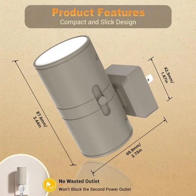 Alt view image 6 of 6 - Night Lights Plug into Wall, Dimmable Gray Night Lights, Warm | Dusk to Dawn Light Sensor, Soft White 3000K, 0-100LM Adjustable Brightness Nightlight for Hallway Bathroom, 2 Pack