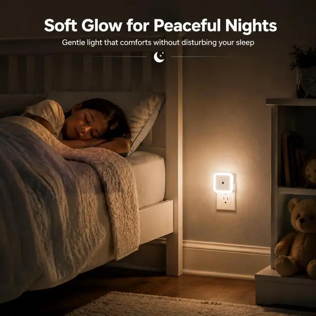 Alt view image 4 of 7 - 4 Pack Plug-in Night Light, Warm Auto Dusk-to-Dawn Sensor Lamp | Energy Efficient LED, ABS Material, Small Nightstand Lamp, for Bedroom Bathroom Kitchen Hallway Stairs, EU Plug