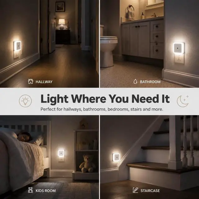 Alt view image 5 of 7 - 4 Pack Plug-in Night Light, Warm Auto Dusk-to-Dawn Sensor Lamp | Energy Efficient LED, ABS Material, Small Nightstand Lamp, for Bedroom Bathroom Kitchen Hallway Stairs, EU Plug