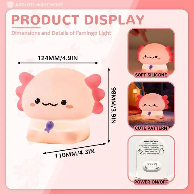 Alt view image 2 of 6 - Axolotl Night Light, Kids Rechargeable LED Night Lamp with Timer | Soft Silicone Touch Control, Adjustable Brightness, 3-Level Dimming, Bedside Lamp for Nursery and Bedroom, Boys & Girls Gift
