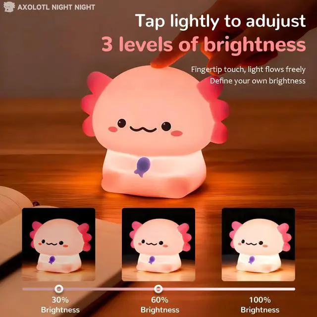 Alt view image 3 of 6 - Axolotl Night Light, Kids Rechargeable LED Night Lamp with Timer | Soft Silicone Touch Control, Adjustable Brightness, 3-Level Dimming, Bedside Lamp for Nursery and Bedroom, Boys & Girls Gift