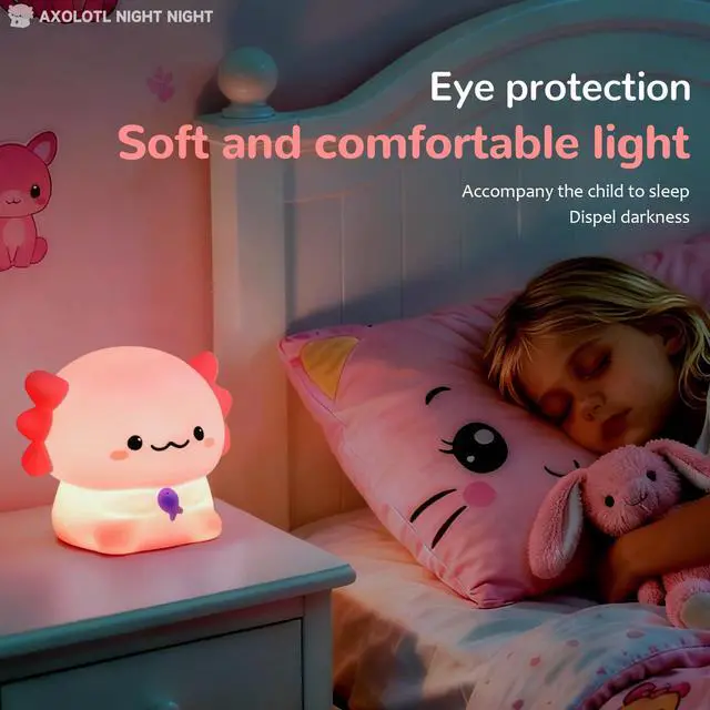 Alt view image 5 of 6 - Axolotl Night Light, Kids Rechargeable LED Night Lamp with Timer | Soft Silicone Touch Control, Adjustable Brightness, 3-Level Dimming, Bedside Lamp for Nursery and Bedroom, Boys & Girls Gift
