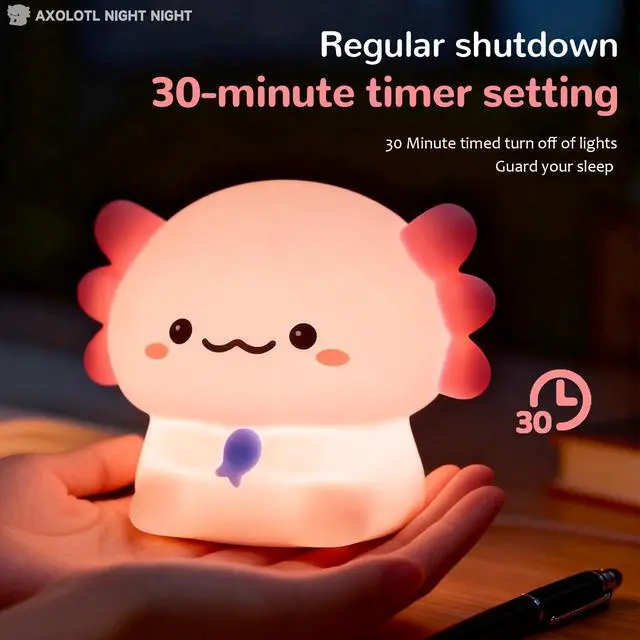 Alt view image 4 of 6 - Axolotl Night Light, Kids Rechargeable LED Night Lamp with Timer | Soft Silicone Touch Control, Adjustable Brightness, 3-Level Dimming, Bedside Lamp for Nursery and Bedroom, Boys & Girls Gift