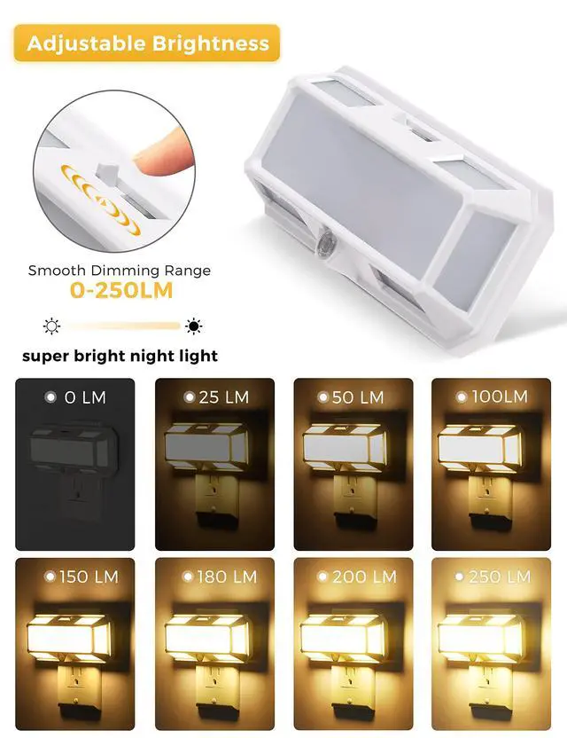 Alt view image 2 of 7 - Bright Night Light, Night Lights Plug into Wall | 0-250LM LED Night Light, Dusk to Dawn Sensor, 2W Dimmable Nightlight, Soft White 3000K for Bathroom, Hallway, Bedroom, Adults