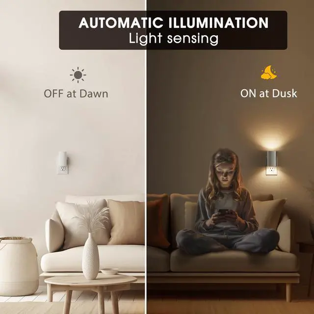 Alt view image 2 of 6 - Night Lights Plug into Wall, Modern LED Night Light Plug in | Dusk to Dawn Sensor, Soft White 3000K, 0-100LM Adjustable Brightness, Dimmable NightLight, Stairway, Hallway, Bedroom, 2 Pack