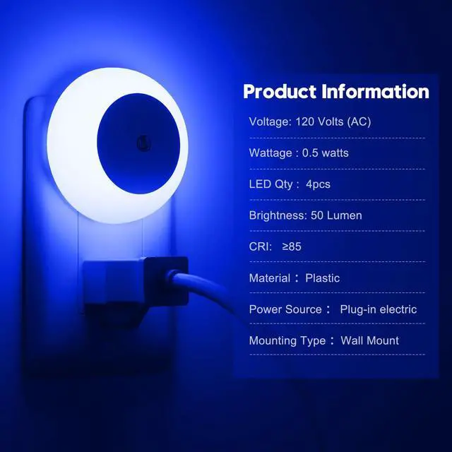 Alt view image 7 of 7 - Night Light, Night Lights Plug into Wall, Dusk to Dawn Sensor, Blue Led Night Light 0.5W, 2 Pack Nightlight for Adults, Bedroom, Bathroom, Hallway, Kitchen