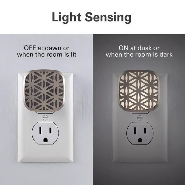 Alt view image 2 of 6 - Decorative LED Night Light, Brushed Nickel Flower Design | Plug-in, Dusk to Dawn Sensor, UL-Certified, Home Decor, Ideal for Bedroom, Bathroom, Kitchen, Hallway, 54744, 2 Pack